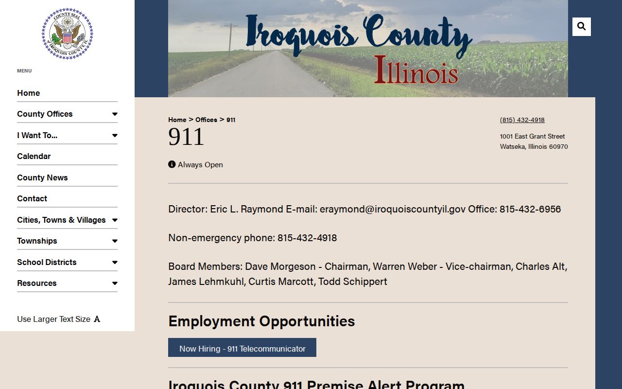 Iroquois County Emergency Communications contact page